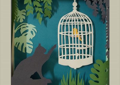 Hand-cut Paper Art: Cat with Birdcage